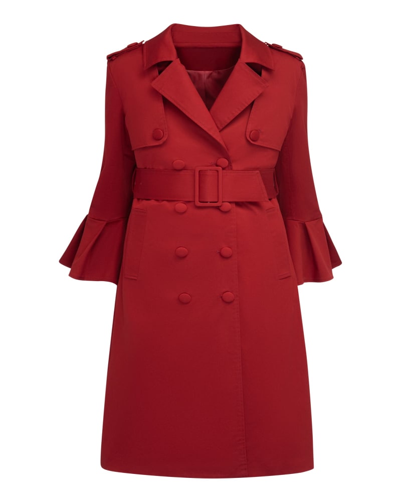 Front of a size XL The Mabel Sleeved Trench Coat in Red by Hilary MacMillan. | dia_product_style_image_id:330500